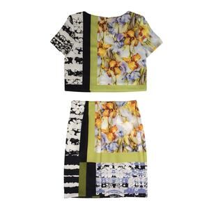 ICE Cropped Shirt & Skirt Set Bold Colorblocks and Floral Contrasting Prints S